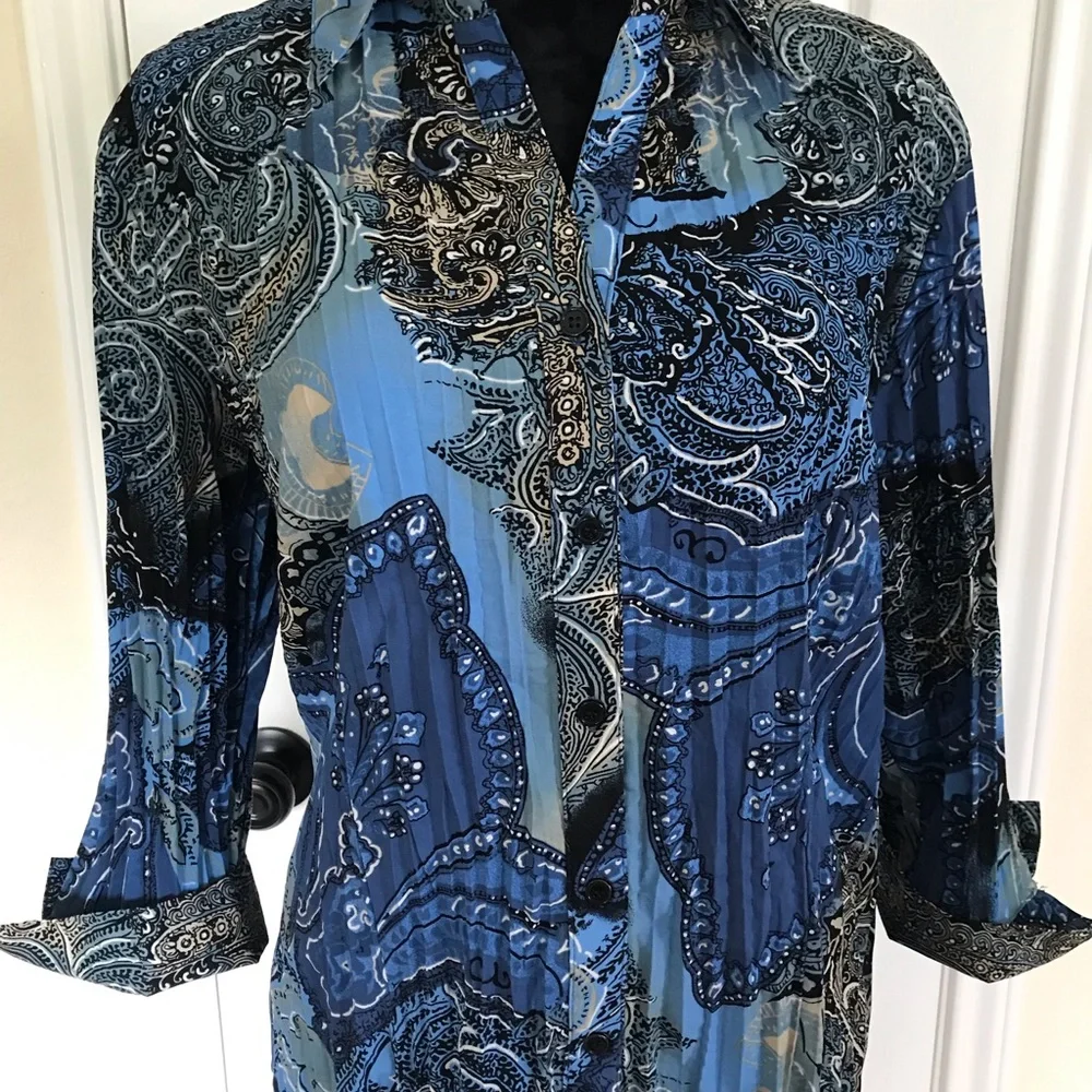 Blue Paisley Button-Up Blouse - Picture 2 of 11